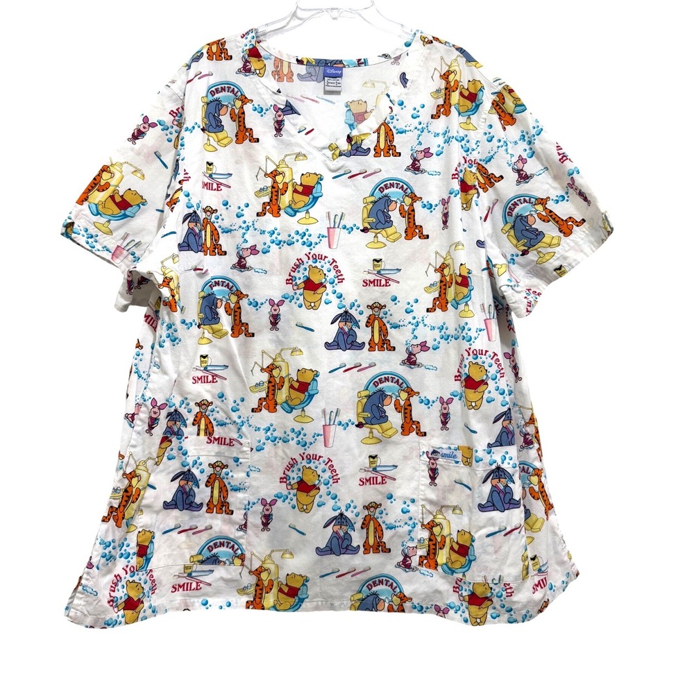 Disney Winnie the Pooh Dental Scrub Top 4XL White Cotton V-Neck D7137Z